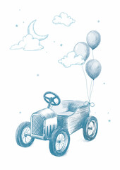 Hand-drawn retro-style poster featuring a vintage toy car with balloons, clouds, stars, and moon. Soft, sketch-style artwork ideal for newborn nursery decor, baby shower gifts, and children's wall art