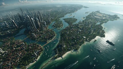 Fototapeta premium Stunning aerial view of a large island city surrounded by water showcasing urban development and natural beauty