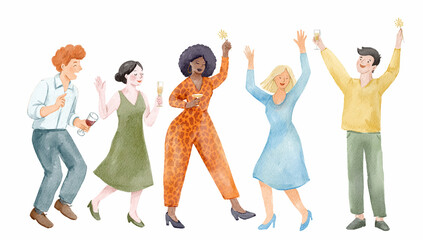 Watercolor hand drawn illustration of happy people dancing and celebrating with drinks. Perfect for party, holiday, or festive themes.
