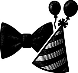 Contrast Between Formal and Festive Elements – Bow Tie and Party Hat Illustration