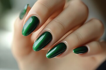 Glamour woman hand with green color nail polish on her fingernails. Green nail manicure with gel polish at luxury beauty salon. Nail art and design. Female hand model. French