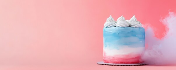 cake flavor unique concept. Colorful layered cake with whipped cream on a pink background.