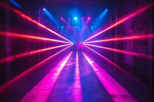 Abstract neon light geometric background. Glowing neon lines. Empty futuristic stage laser. Colorful rectangular laser lines. Square tunnel. Night club empty room. Laser show