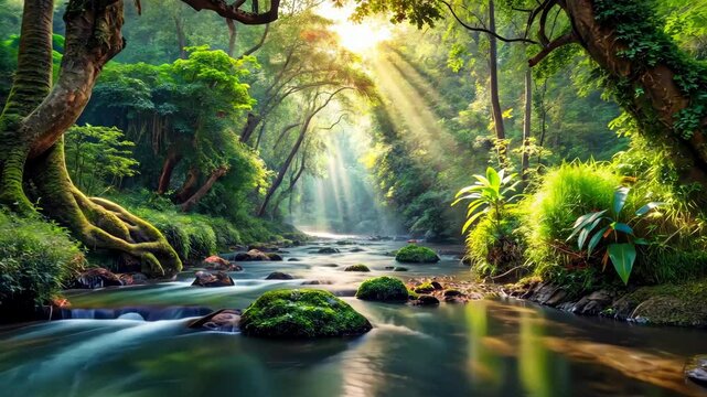 Tranquil stream flows through a lush green forest bathed in golden sunlight