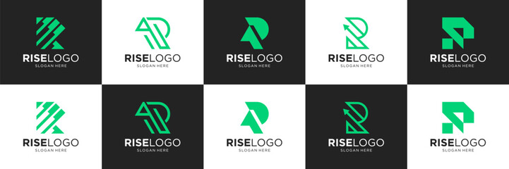 Set of letter R financial logos. Abstract rise logo with arrow icons usable for business, company and technology.
