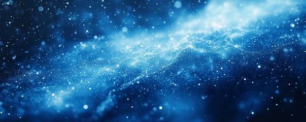 Abstract Christmas blue background with falling snow and snowflakes, magical winter sky with heavy snowfall, fantasy shining snowy backdrop,