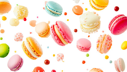 Delicious macarons falling through air with colorful sprinkles isolated on transparent PNG