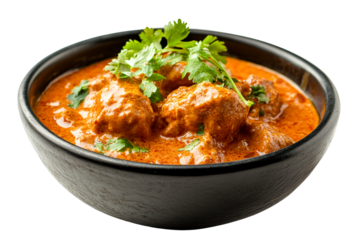 Delicious chicken tikka masala in a black bowl isolated on transparent PNG