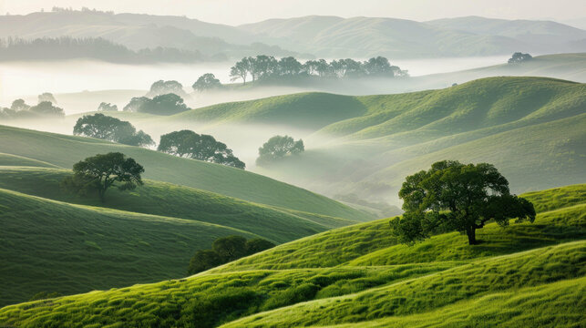Misty rolling hills landscape view