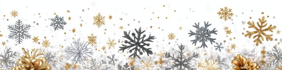 Christmas and Happy New Year snowflake seamless border, festive ornate style repeat backdrop with grey and gold snowflake and star confetti isolated on white background, png white
