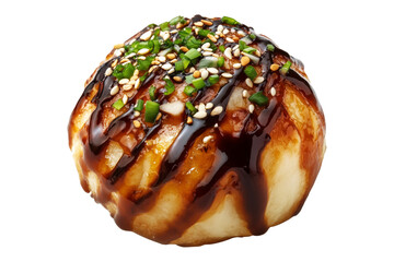 Japanese takoyaki ball topped with thick sauce, green onions, and bonito flakes, isolated on white transparent background, concept of street food