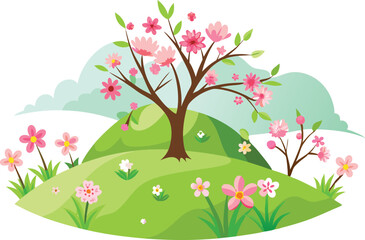 Spring hill with blooming flowers