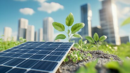 Fototapeta premium Solar Power Harmony, serene outdoor landscape showcasing solar panels amidst lush greenery, ideal for environmental themes and sustainability messages