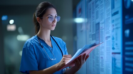Young Female Medical Professional Reviewing Patient Information at Hospital