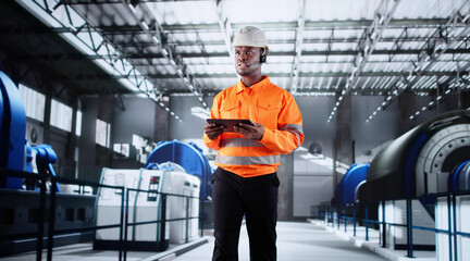 Power Plant Engineer Inspects Turbine