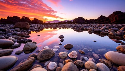 Sunset Reflection A Serene Tidal Pool Mirroring the Colorful Sky