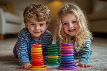 Brother and sister siblings small caucasian boy and girl child play twister game on the floor at home alone real people family growing up leisure concept copy