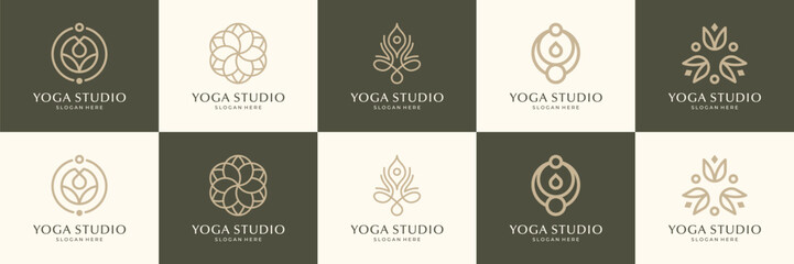Minimalist yoga logos and icons set. Graphic design elements in outline style usable for yoga studio, fitness ana spa center.