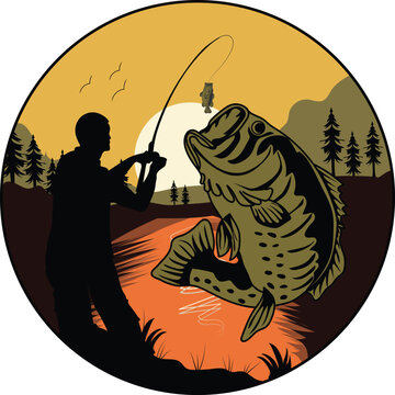 Vector illustration of a peaceful fishing scenery with a person casting a fishing rod on a tranquil lake. Surrounded by mountains, trees, and reflections in water, ideal for outdoor, nature, adventure
