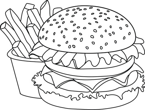 Minimalist line art vector of a classic burger with lettuce, cheese, and patty layers. Perfect for use in food packaging, restaurant branding, menu design, or culinary-themed illustrations