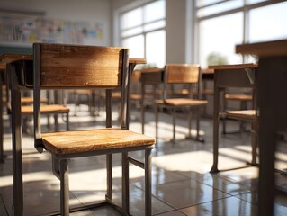 Fototapeta premium Empty classroom with wooden desks and chairs, illuminated by natural light from large windows