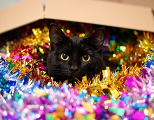 Black cat in Christmas tinsel box