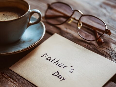 “Father's Day” card on a wooden surface, with a coffee cup and glasses