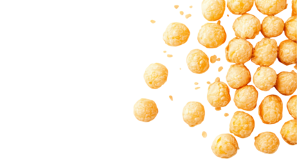 Aerial view of golden brown fried dough balls scattered on a black surface with negative space on the left isolated on transparent background