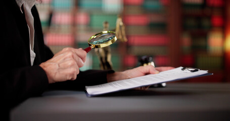 Female Judge Examining Legal Document With Magnifying Glass