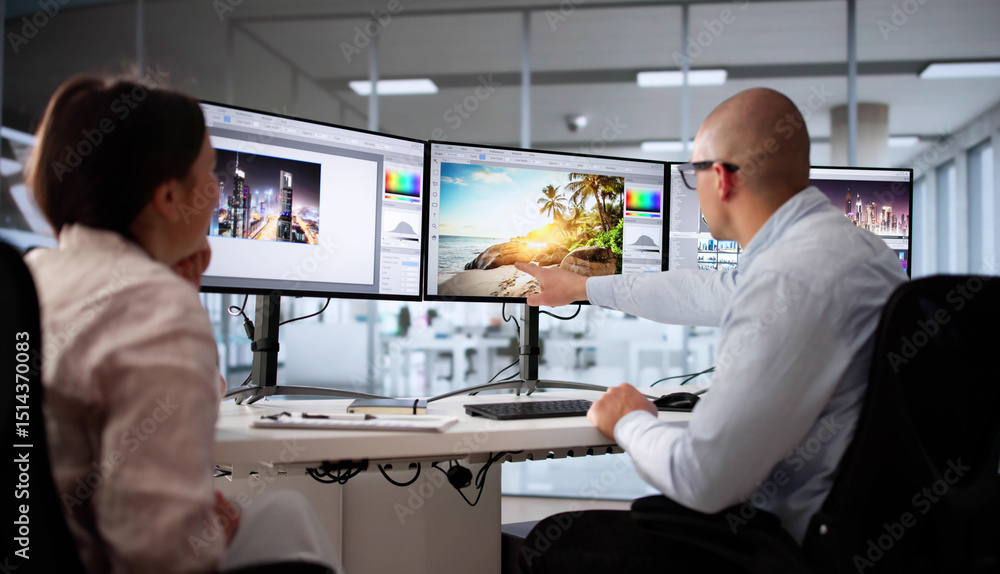 Aufkleber busy graphic designer creating artwork on dual monitors in office