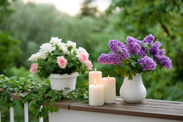 Obraz premium Lilac and roses decorating balcony with burning candles during summer evening