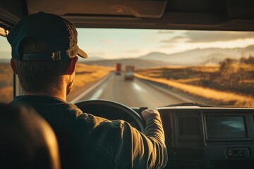 Truck driver navigating a scenic highway during sunset with two other trucks in view on the empty road