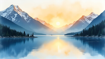 Golden Sunrise Over Snow-Capped Mountains Reflected in Crystal Lake - Breathtaking Landscape Photography with Space for Text in Photo Stock Concept