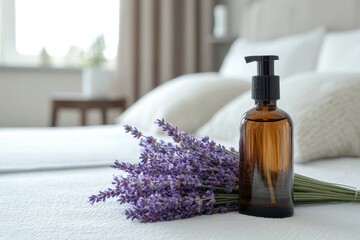 Relaxing lavender pillow spray beside fresh lavender flowers on a cozy bed, creating a calming atmosphere perfect for bedtime routines