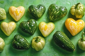 Heart-shaped fresh vegetables arranged on a vibrant green surface with water droplets showcasing healthy eating and creativity in food presentation