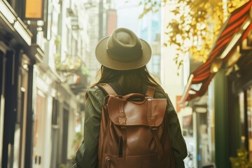 Exploring a vibrant city with a backpack, a woman enjoys the atmosphere while wandering through charming streets and admiring the local architecture during a sunny day