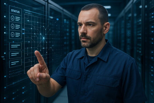European IT Technician + Hands Operating Floating Holographic Server Dashboard + Futuristic Data Center Scene