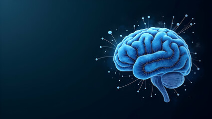 Low poly brain symbolizes wisdom through abstract vector image featuring wireframe blue illustration with lines and dots on dark background concept as Low poly brain symbolizes wisdom through abstract