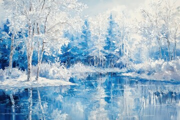 Sparkling blue ice landscape with shimmering reflections in a tranquil winter scene filled with frosty trees and a serene water surface