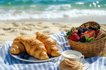 Idyllic beach breakfast picnic featuring fresh croissants, berries, and cream with the ocean waves in the background on a sunny morning