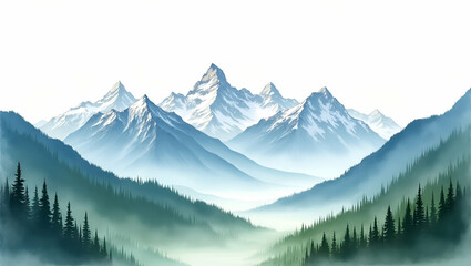 Fototapeta premium Breathtaking Panoramic Mountain Views: Snow-Capped Peaks, Lush Forest Valleys & Dramatic Ridgelines for Stunning Outdoor Photography - Photo Stock Concept