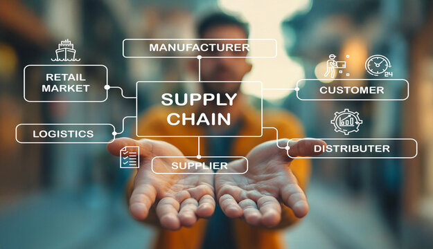 Businessman Demonstrating Supply Chain Concept with Flowchart Diagram in Urban Setting