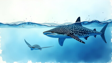 Naklejka premium Stunning Ocean Freediving Imagery: No Tank Dives with Whale Sharks, Manta Rays, Bubble Rings & Reflective Dusk Surfaces - Perfect for Photo Stock Concept with Space