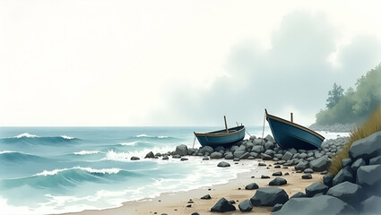 Obraz premium High Speed Capture of Boats Thrown by Waves onto Rocky Shoreline - Twisted Hulls & Debris Under Cloudy Horizon | Photo Stock Concept with Empty Space
