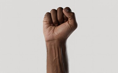  The clenched fist of a Black man is raised, centered against a plain grey background. 