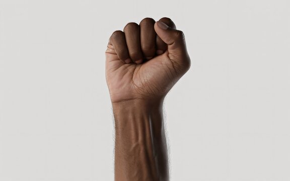  The clenched fist of a Black man is raised, centered against a plain grey background. 