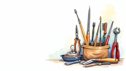 Premium Home Repair Tools: Elegant Display of Reliable Equipment for Refurbishment Projects with Modern Design and Technical Expertise - Stock Photo Concept with Left Space
