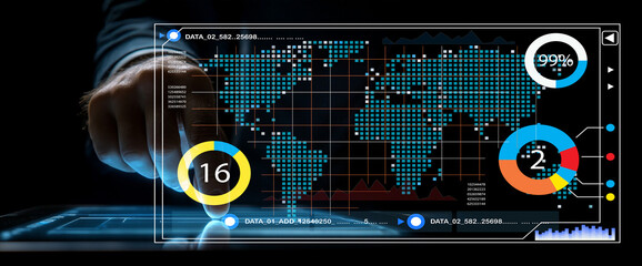 Futuristic Data Analysis Display with World Map, Graphs and Statistics for Business Insights, Technology and Innovation Concept in Dark Environment