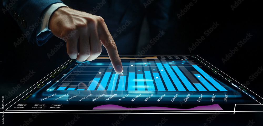 Poster businessman interacting with digital data chart on transparent screen showing growth and analysis me