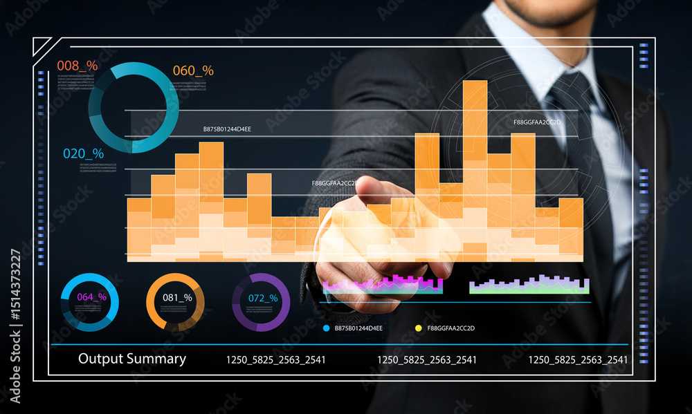 Poster business professional interacting with data visualization touchscreen interface in modern office env